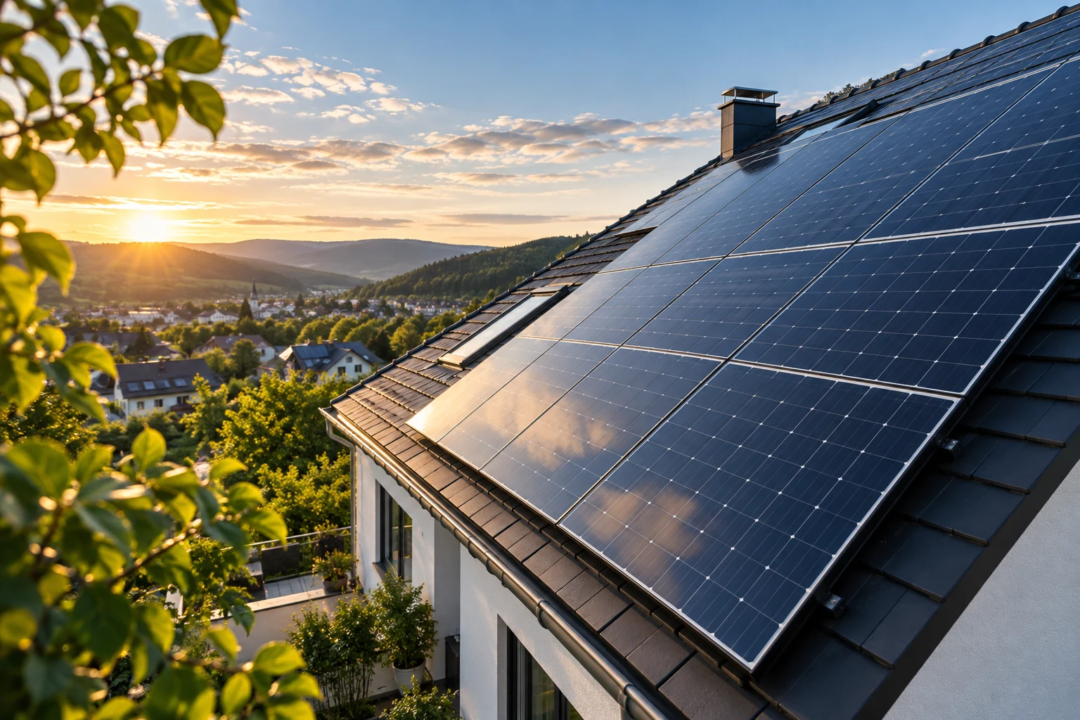 Solar panels on a house roof in the evening light